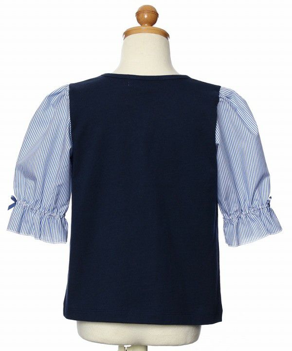 Children's clothing girl 100 % cotton striped pattern 6 -minute sleeve T -shirt navy (06) Torso