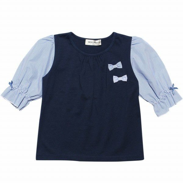 Children's clothing girl 100 % cotton striped pattern 6 -minute sleeve T -shirt navy (06) front