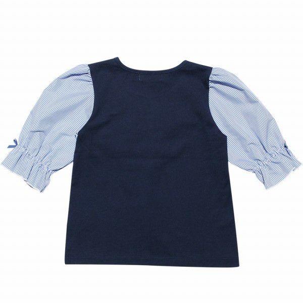 Children's clothing girl 100 % cotton striped pattern 6 -minute sleeve T -shirt navy (06) back