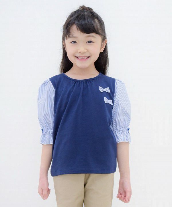 Children's clothing girl 100 % cotton striped pattern 6 -minute sleeve T -shirt navy (06) Model image up