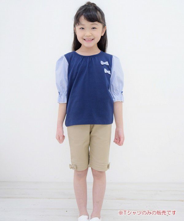 Children's clothing girl 100 % cotton striped pattern 6 -minute sleeve T -shirt navy (06) model image whole body