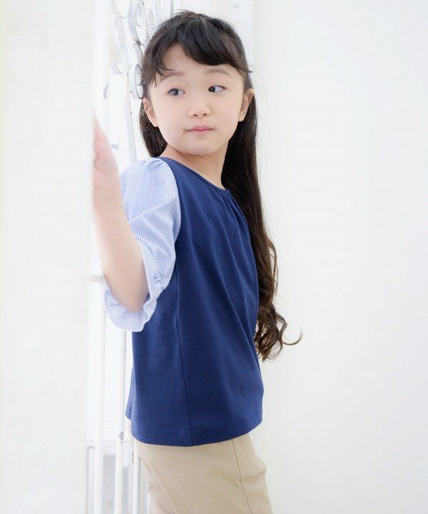 Children's clothing girl 100 % cotton striped pattern 6 -minute sleeve T -shirt navy (06) model image 1