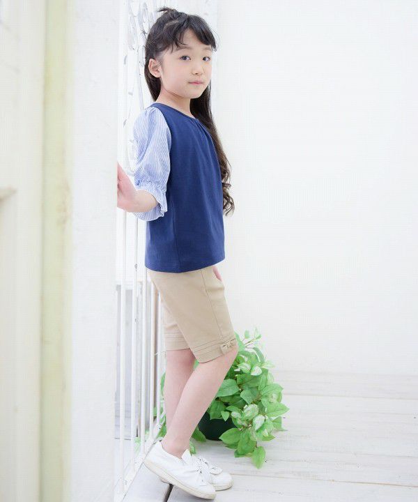 Children's clothing girl 100 % cotton striped pattern 6 -minute sleeve T -shirt navy (06) model image 2