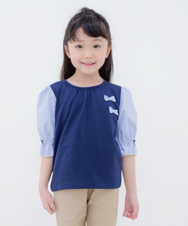Children's clothing girl 100 % cotton striped pattern 6 -minute sleeve T -shirt navy (06) model image 4