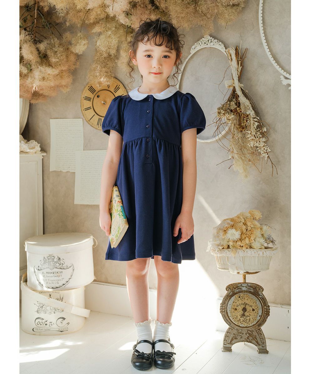 Double knit round collar dress Navy model image whole body
