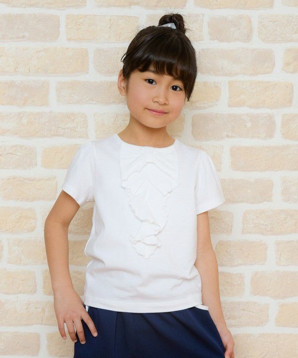 100 % cotton ribbon style frill design T -shirt Off White model image up