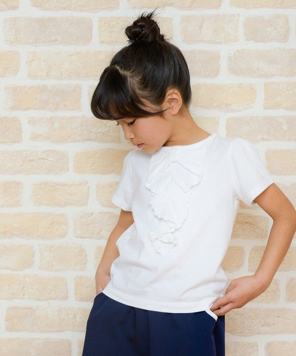 100 % cotton ribbon style frill design T -shirt Off White model image 3