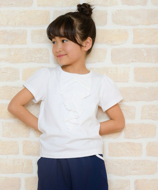 100 % cotton ribbon style frill design T -shirt Off White model image 4