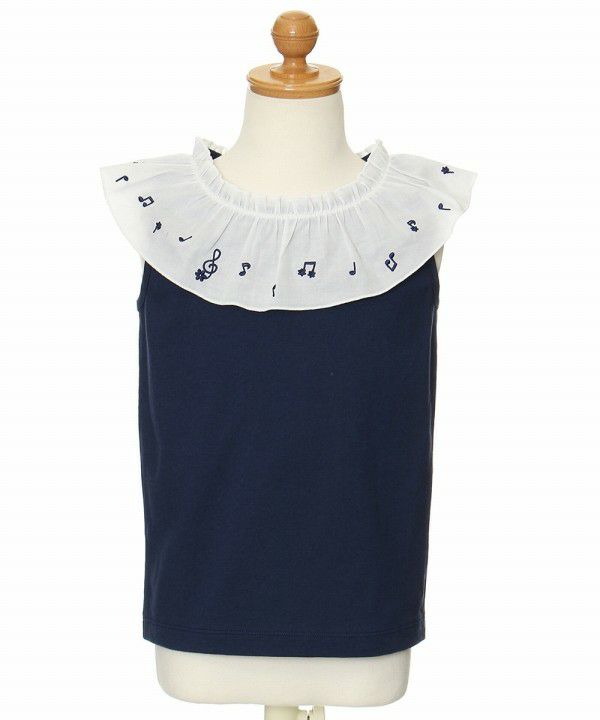 Children's clothing girl 100 % cotton note embroidery frill collar T -shirt navy (06) torso