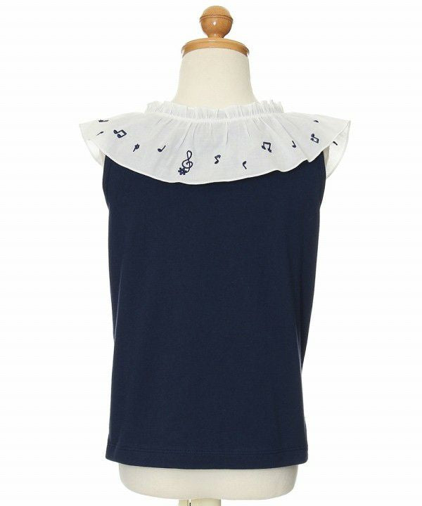 Children's clothing girl 100 % cotton note embroidery frill collar T -shirt navy (06) Torso