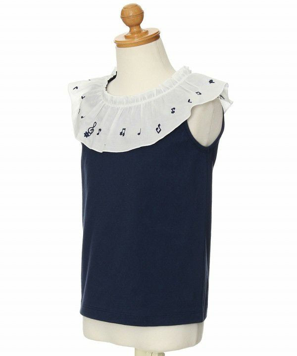 Children's clothing girl 100 % cotton note embroidery frill collar T -shirt navy (06) torso