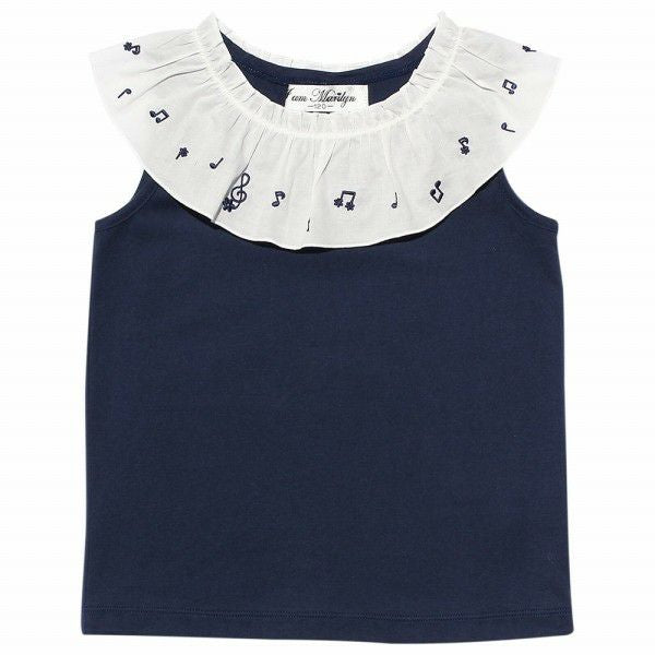 Children's clothing girl 100 % cotton note embroidery frill collar T -shirt navy (06) front