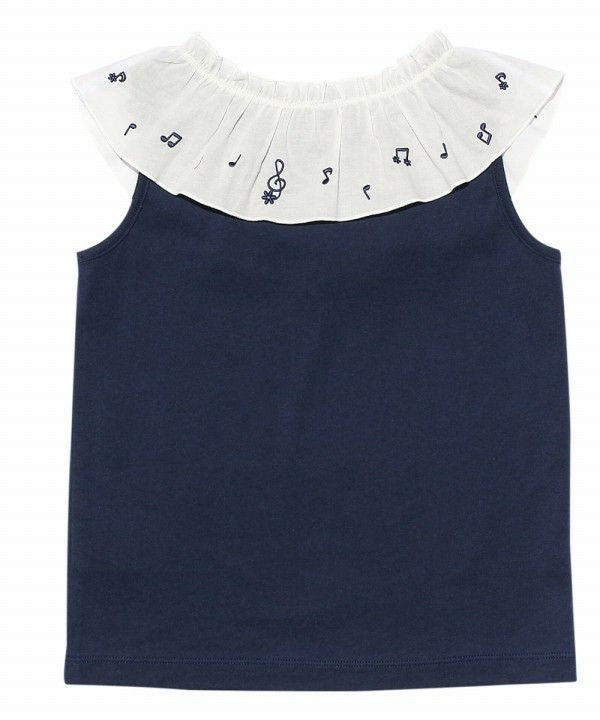 Children's clothing girl 100 % cotton note embroidery frill collar T -shirt navy (06) back