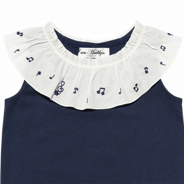 Children's clothing girl 100 % cotton note embroidery frill collar T -shirt navy (06) Design point 1