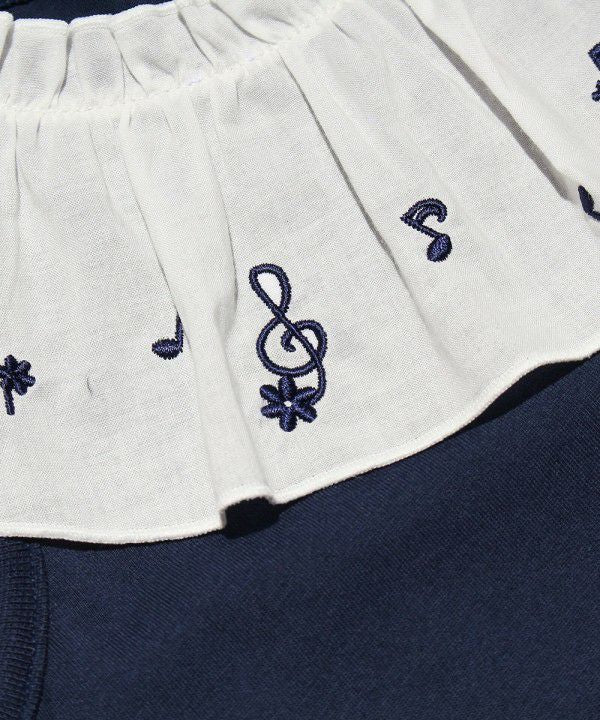 Children's clothing girl 100 % cotton note embroidery frill collar T -shirt navy (06) Design point 2