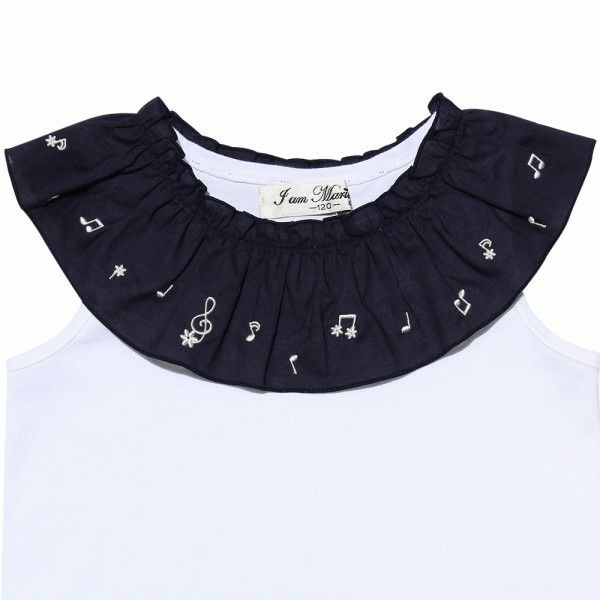 Children's clothing girl 100 % cotton note embroidery frill collar T -shirt off -white (11) Design point 1