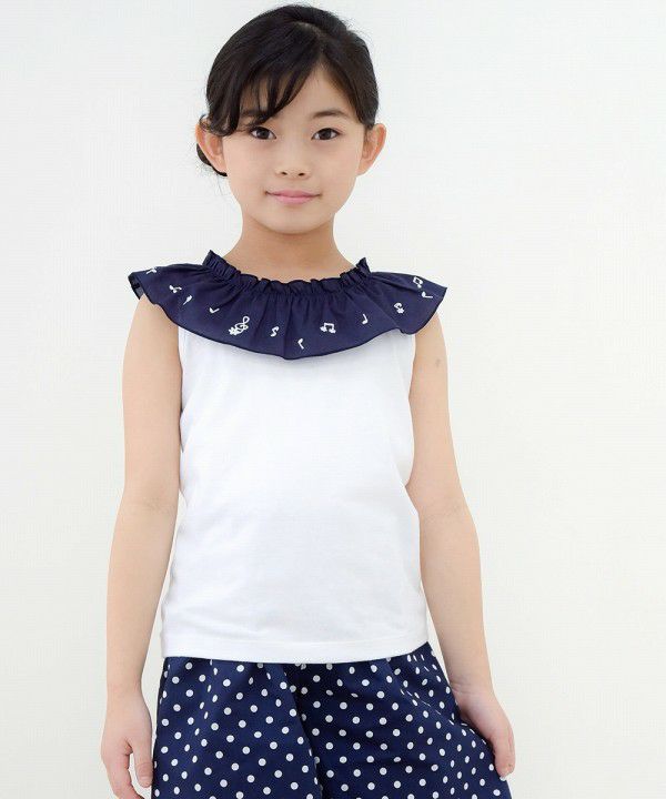 Children's clothing girl 100 % cotton note embroidery frill collar T -shirt off -white (11) model image up