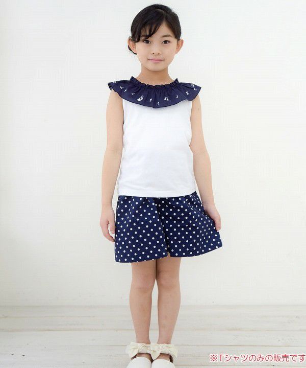 Children's clothing girl 100 % cotton note embroidery frill collar T -shirt off -white (11) model image whole body