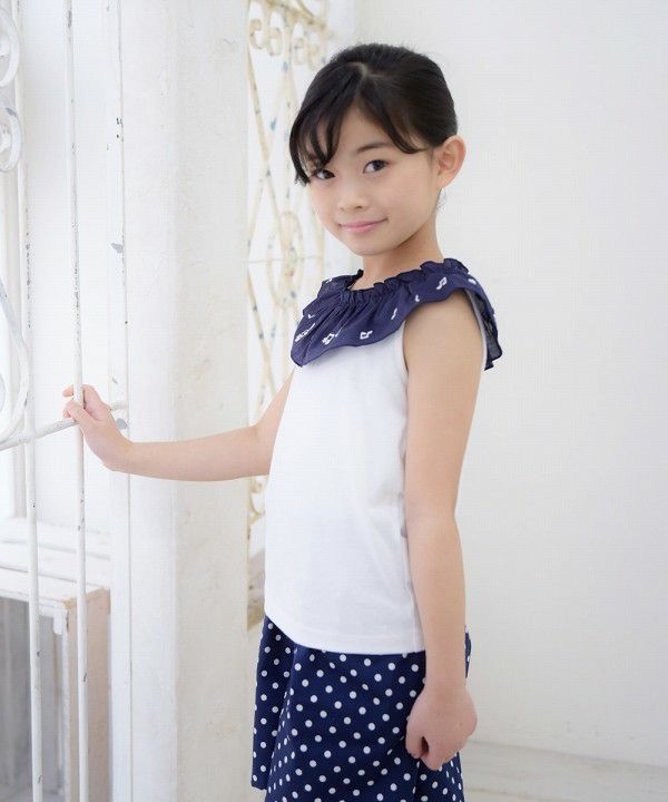 Children's clothing girl 100 % cotton note embroidery frill collar T -shirt off -white (11) model image 1