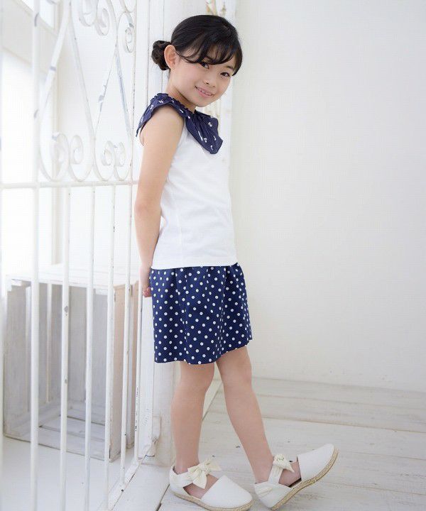 Children's clothing girl 100 % cotton note embroidery frill collar T -shirt off -white (11) model image 2