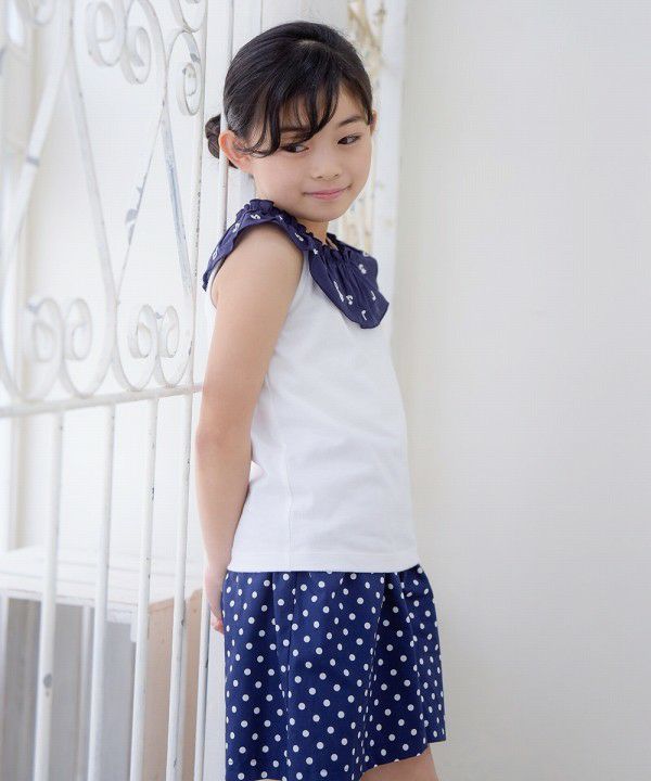 Children's clothing girl 100 % cotton note embroidery frill collar T -shirt off -white (11) model image 3