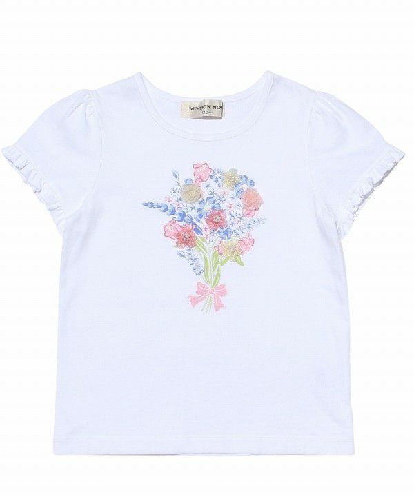 100 % cotton flower motif & print frill sleeve T -shirt Off White front