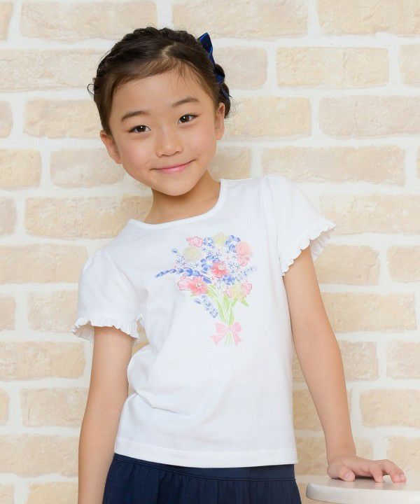 100 % cotton flower motif & print frill sleeve T -shirt Off White model image up