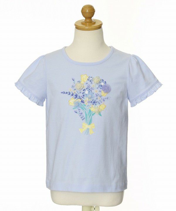 100 % cotton flower motif & print frill sleeve T -shirt Blue torso