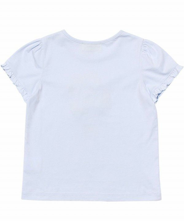 100 % cotton flower motif & print frill sleeve T -shirt Blue back