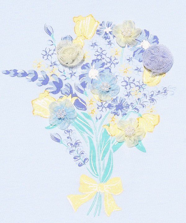 100 % cotton flower motif & print frill sleeve T -shirt Blue Design point 1