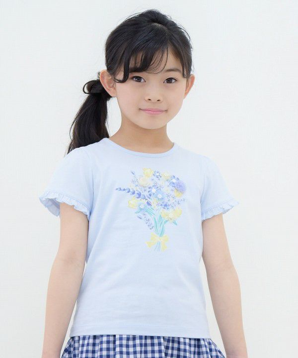 100 % cotton flower motif & print frill sleeve T -shirt Blue model image up