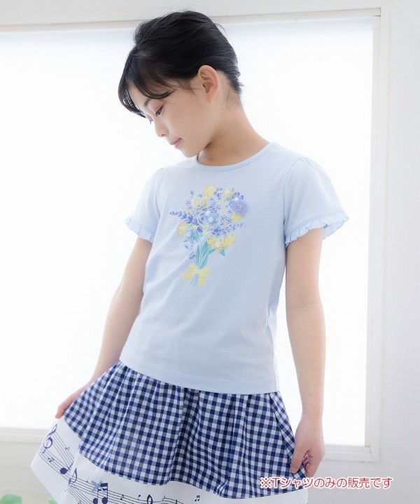 100 % cotton flower motif & print frill sleeve T -shirt Blue model image 2