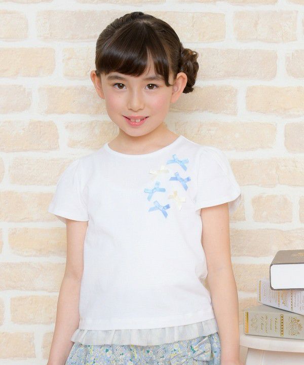 Children's clothing girl ribbon tulip sleeve T -shirt off -white (11) model image up