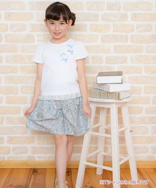 Children's clothing girl ribbon tulip sleeve T -shirt off -white (11) model image whole body