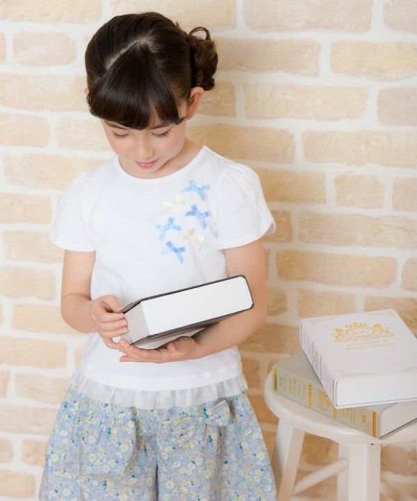Children's clothing girl ribbon tulip sleeve T -shirt off -white (11) model image 1