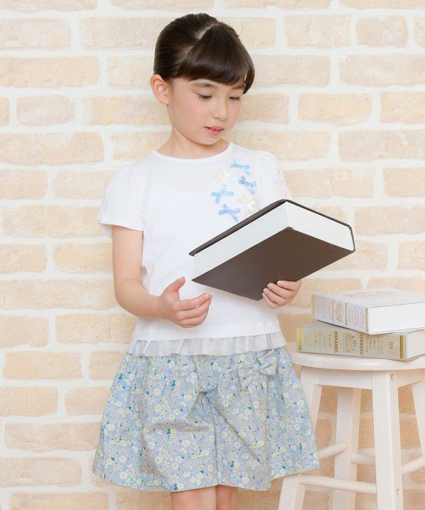 Children's clothing girl ribbon tulip sleeve T -shirt off -white (11) model image 3