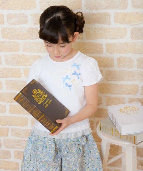 Children's clothing girl ribbon tulip sleeve T -shirt off -white (11) model image 4
