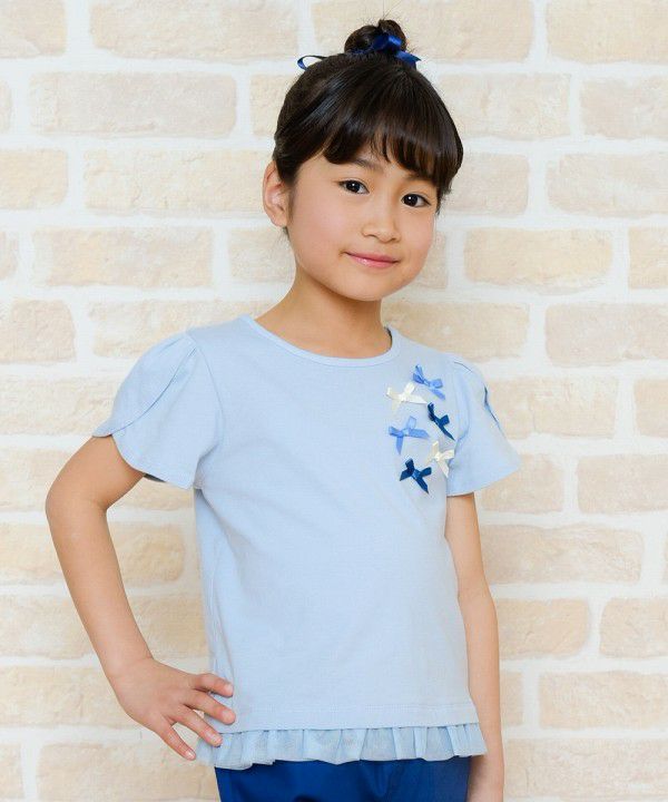 Children's clothing girl ribbon tulip sleeve T -shirt blue (61) model image up