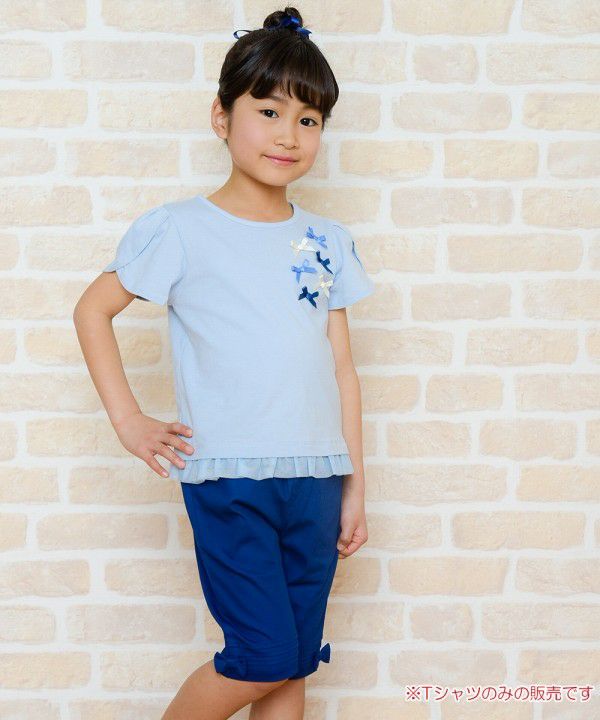 Children's clothing girl ribbon tulip sleeve T -shirt blue (61) model image whole body
