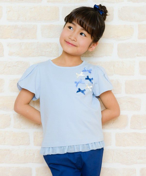 Children's clothing girl ribbon tulip sleeve T -shirt blue (61) model image 1