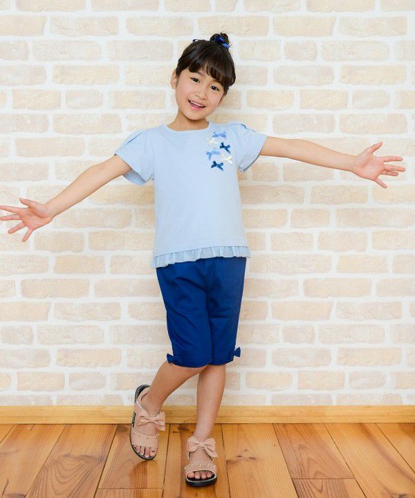 Children's clothing girl ribbon tulip sleeve T -shirt blue (61) model image 2