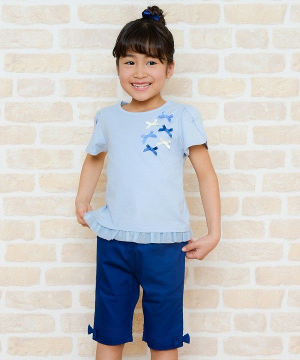 Children's clothing girl ribbon tulip sleeve T -shirt blue (61) model image 3