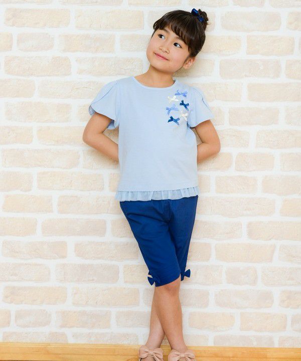 Children's clothing girl ribbon tulip sleeve T -shirt blue (61) model image 4