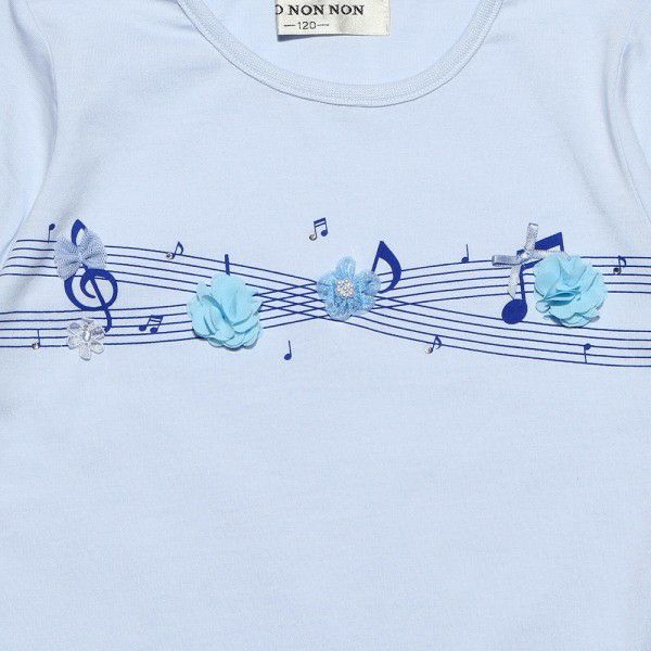 100 % cotton note print flower motif T -shirt Blue Design point 1
