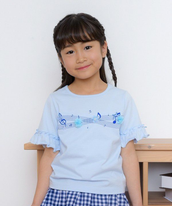 100 % cotton note print flower motif T -shirt Blue model image up