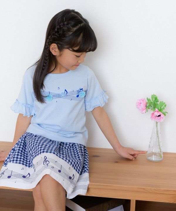 100 % cotton note print flower motif T -shirt Blue model image 2