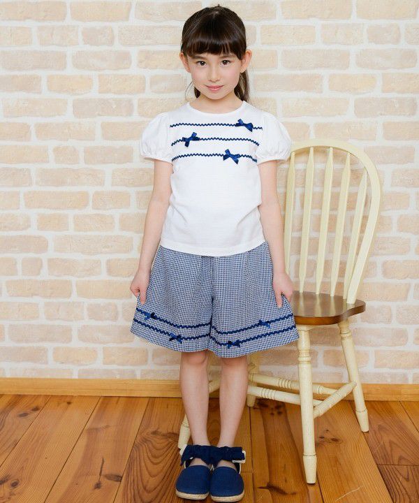 100 % cotton ribbon and lace line T -shirt Off White model image whole body