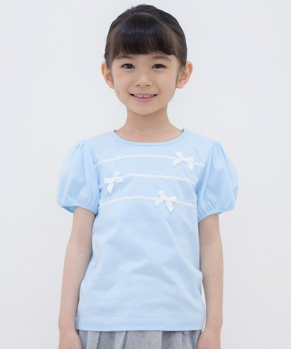 100 % cotton ribbon and lace line T -shirt Blue model image up