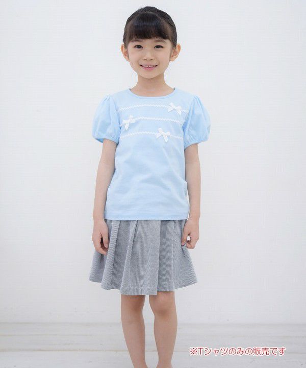 100 % cotton ribbon and lace line T -shirt Blue model image whole body