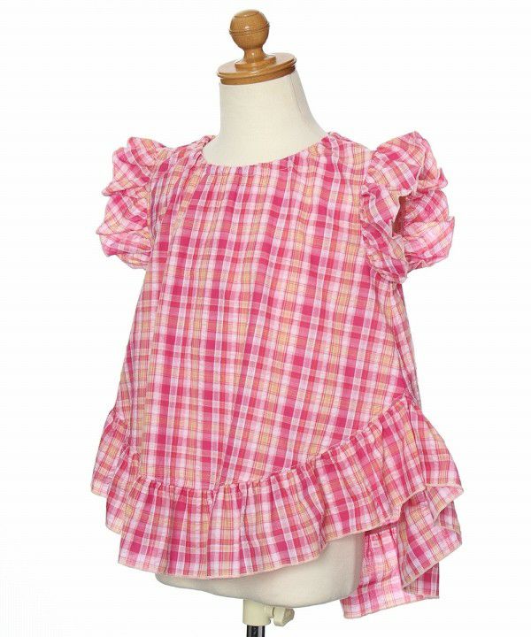 Soccer material plaid tunic blouse with frilled blouse Pink torso